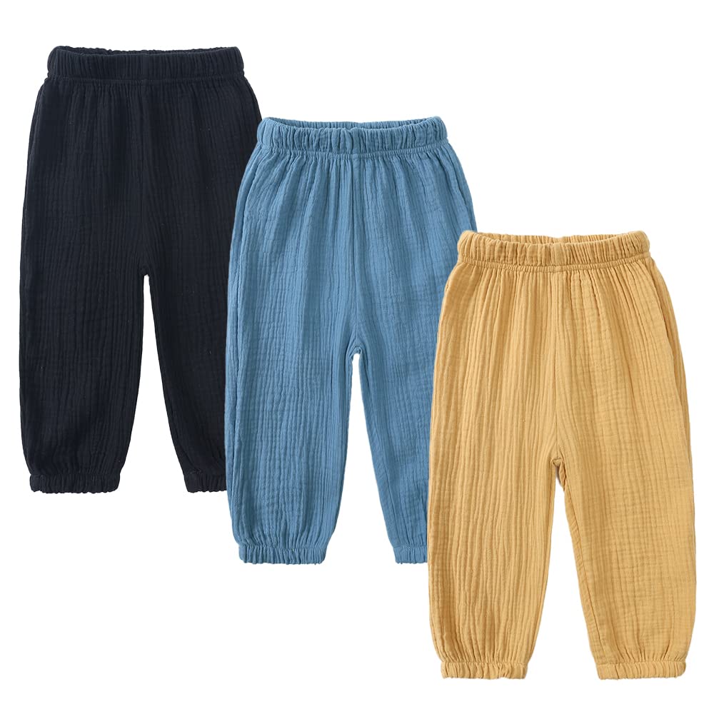 MYGBCPJS Boys Girls 3 Pack Cotton Linen Long Bloomers Graphic Printed Trousers Ankle Length Kids Thin Elastic Waist Pants