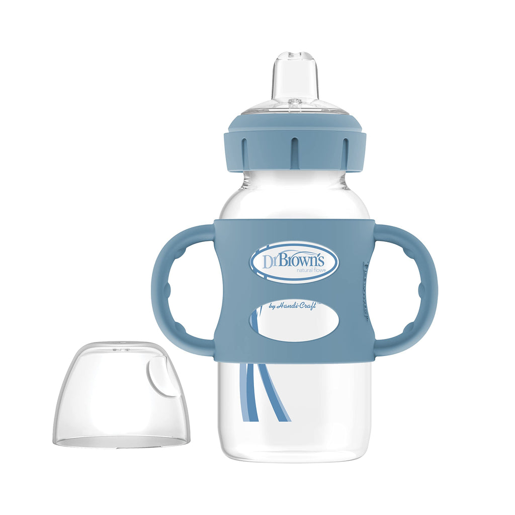 Dr. Brown's Wide-Neck Sippy Spout Bottle with Handles, Blue & Gray, 2-Pack