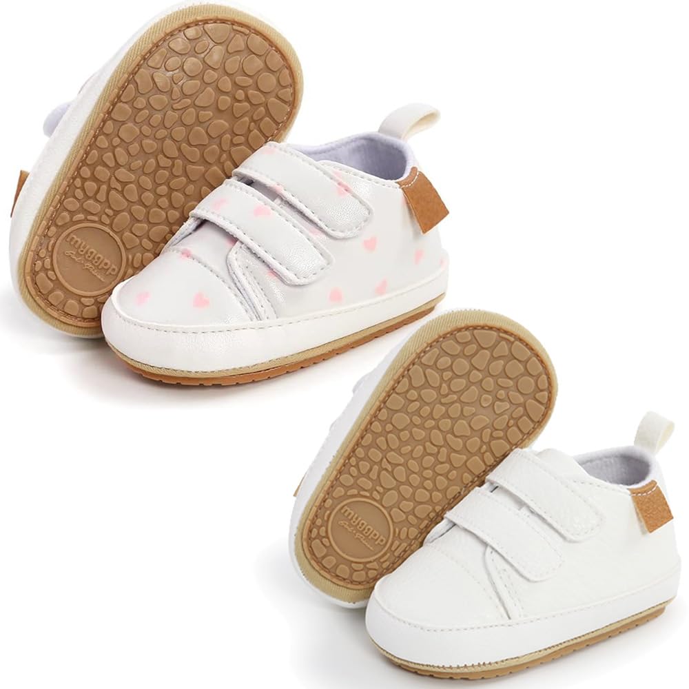 eitwo 2Pairs Baby Shoes,Boys Girls Non-Slip Rubber Sole Sneakers,Unisex Infant Soft Lightweight First Walking Crib Shoes (2Pairs_Heart+White,3-6 Months)