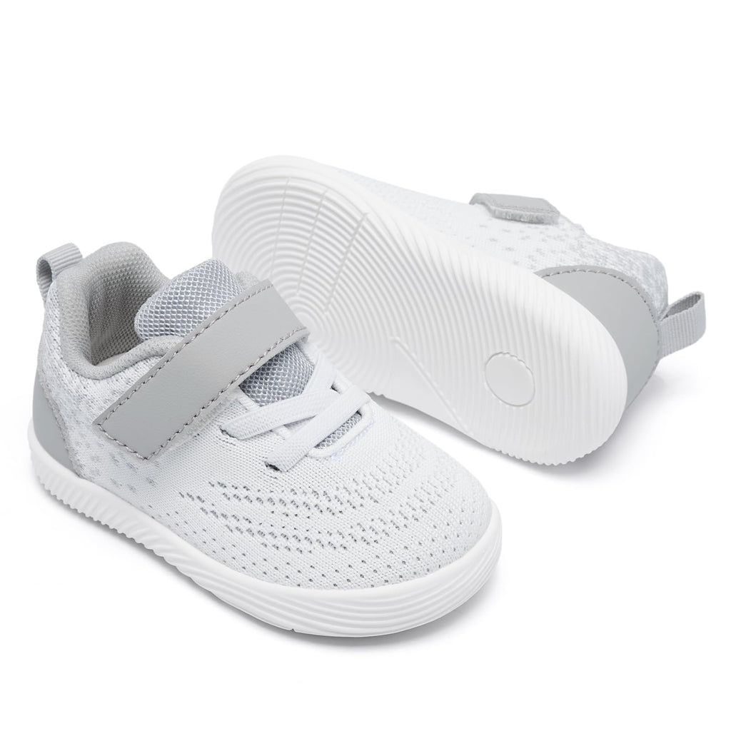 MORENDL Toddler Sneakers Baby Boys & Girls Barefoot Shoes Lightweight Breathable Walking Running Tennis Athletic Sport Shoes White Gray 18-24 Months Size 6.5