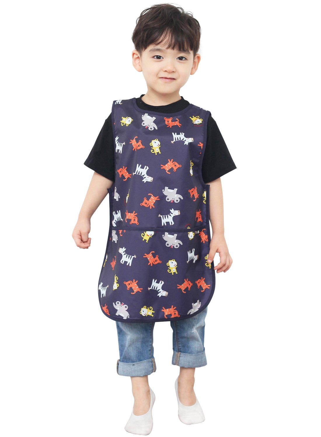 Plie Kids Painting Apron – Waterproof Art Smock for Toddlers & Preschoolers, Messy Play, Baking, Crafts, Cooking, Sensory Activities, Mealtime (Ages 1–10), Navy Animal (03-L)