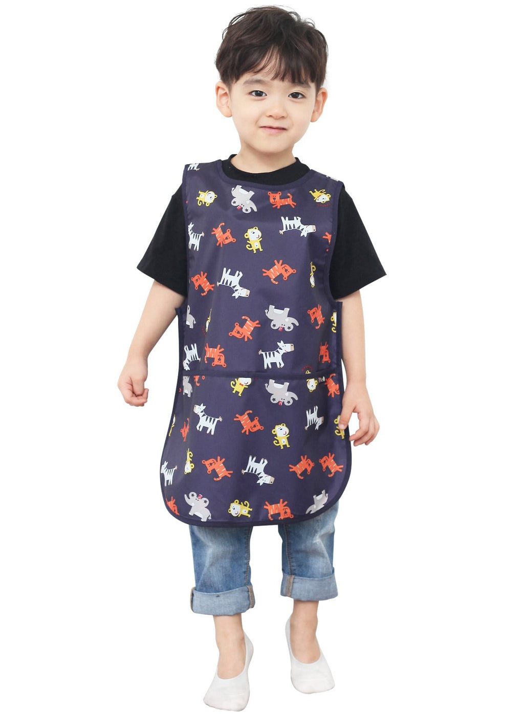 Plie Kids Painting Apron – Waterproof Art Smock for Toddlers & Preschoolers, Messy Play, Baking, Crafts, Cooking, Sensory Activities, Mealtime (Ages 1–10), Navy Animal (03-XL)