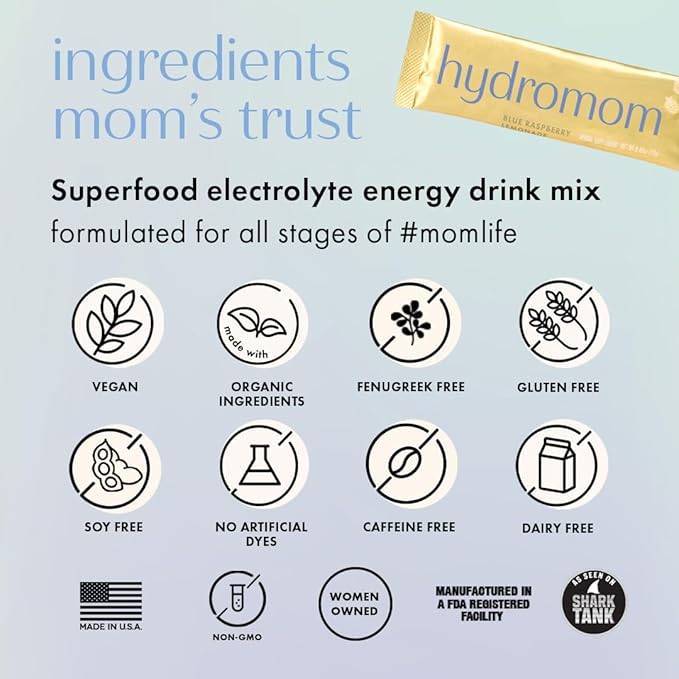 Boobie Hydromom Superfood Electrolyte Drink Mix, Blue Raspberry Lemonade | Refreshing Energy & Hydration Boost for Mamas | On-The-Go & Travel Essentials for Pregnancy, Lactation, & Beyond, 15 Packets