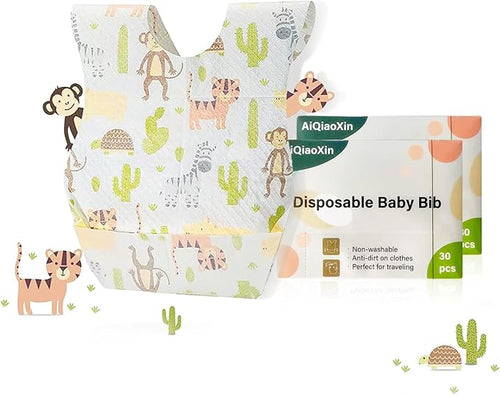 AiQiaoXin 30/60pcs Baby Disposable Bibs-Individually Packaged,Soft, Leak Proof and Convenient, disposable bibs for toddlers (30 PCS Animal pattern)