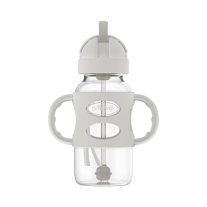 Dr. Brown's Milestones Wide-Neck Sippy Straw Bottle with 100% Silicone Handles and Weighted Straw, 9 oz/270 mL, Gray & Green, 6m+ (Pack of 6)