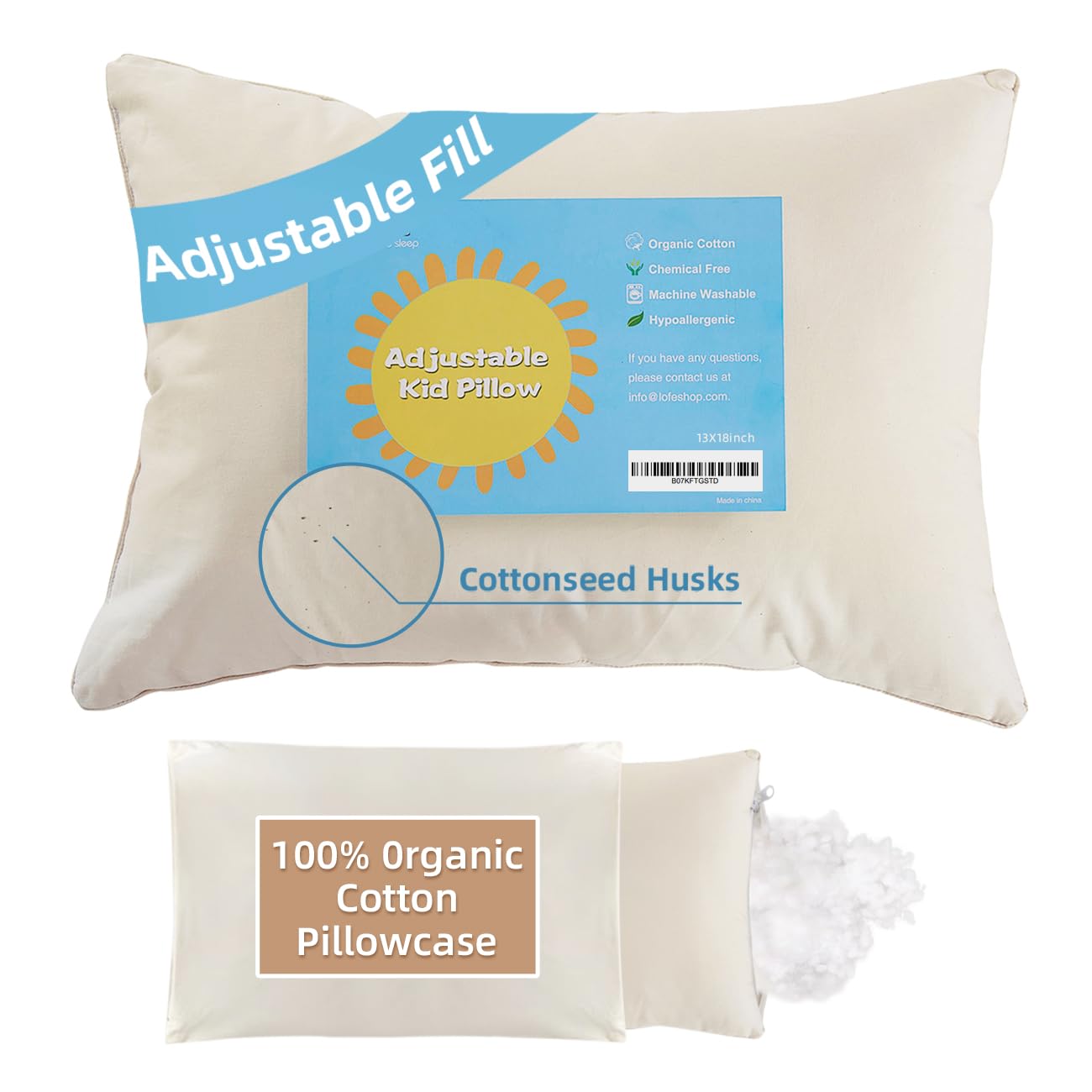 LOFE Adjustable Kids Pillow for Ages 2-4 with Organic Cotton Pillowcase
