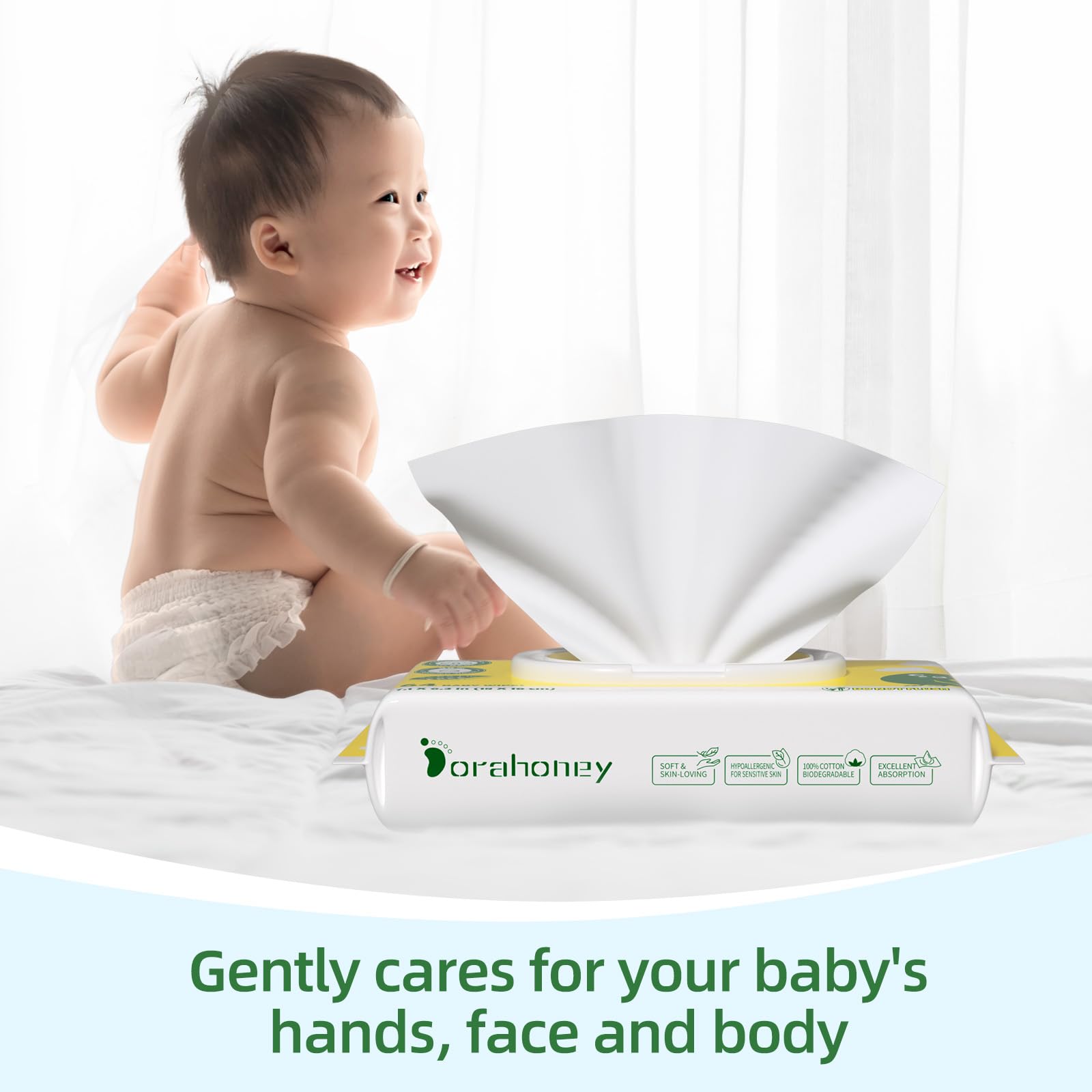 Dorahoney 100% USA Cotton Baby Wipes for Sensitive Skin, 99% Purified Water Unscented Wet Wipes, Hypoallergenic & Plastic-Free, 768 Count (12 Flip-Top Packs of 64)