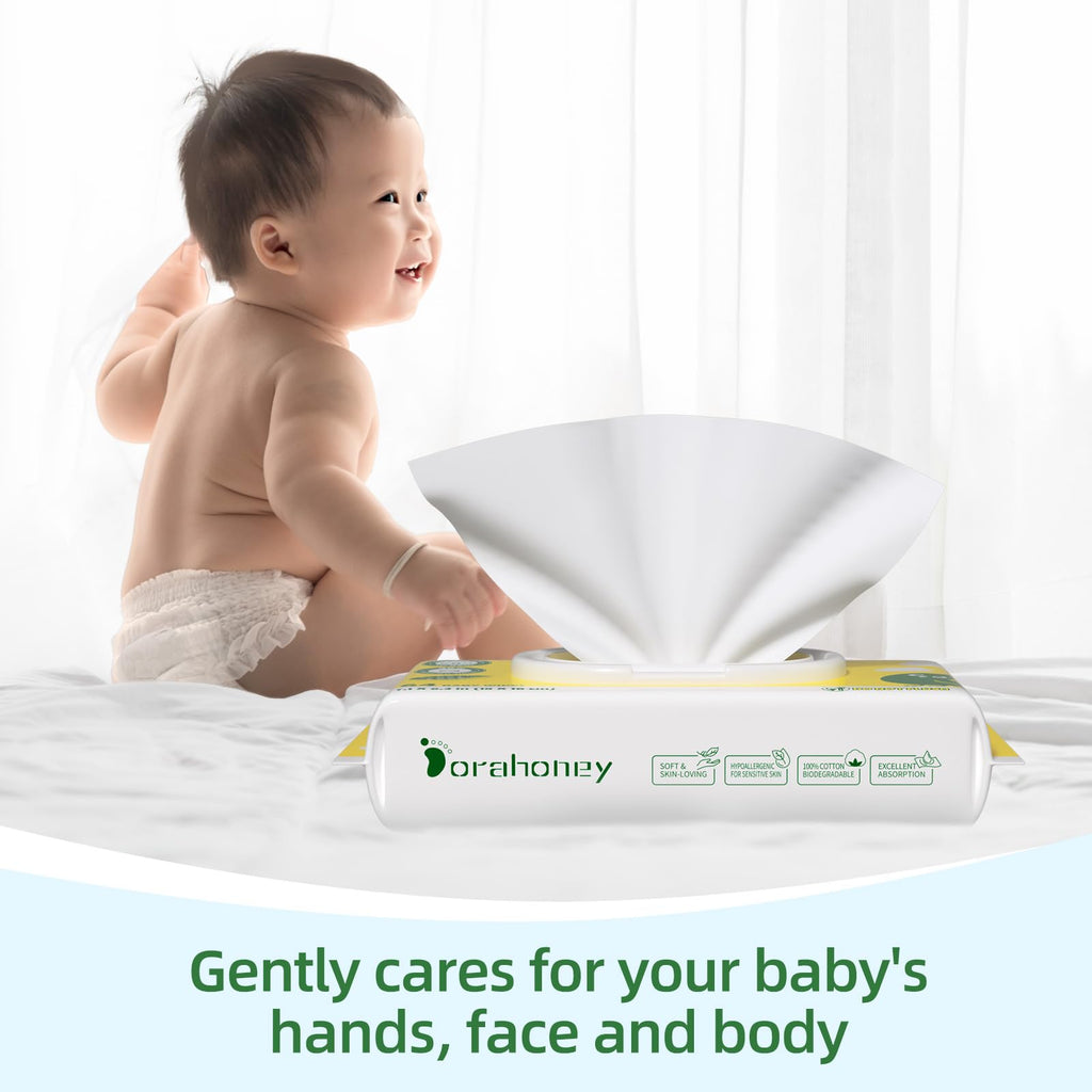 Dorahoney 100% USA Cotton Baby Wipes for Sensitive Skin, 99% Purified Water Unscented Wet Wipes, Hypoallergenic & Plastic-Free, 768 Count (12 Flip-Top Packs of 64)