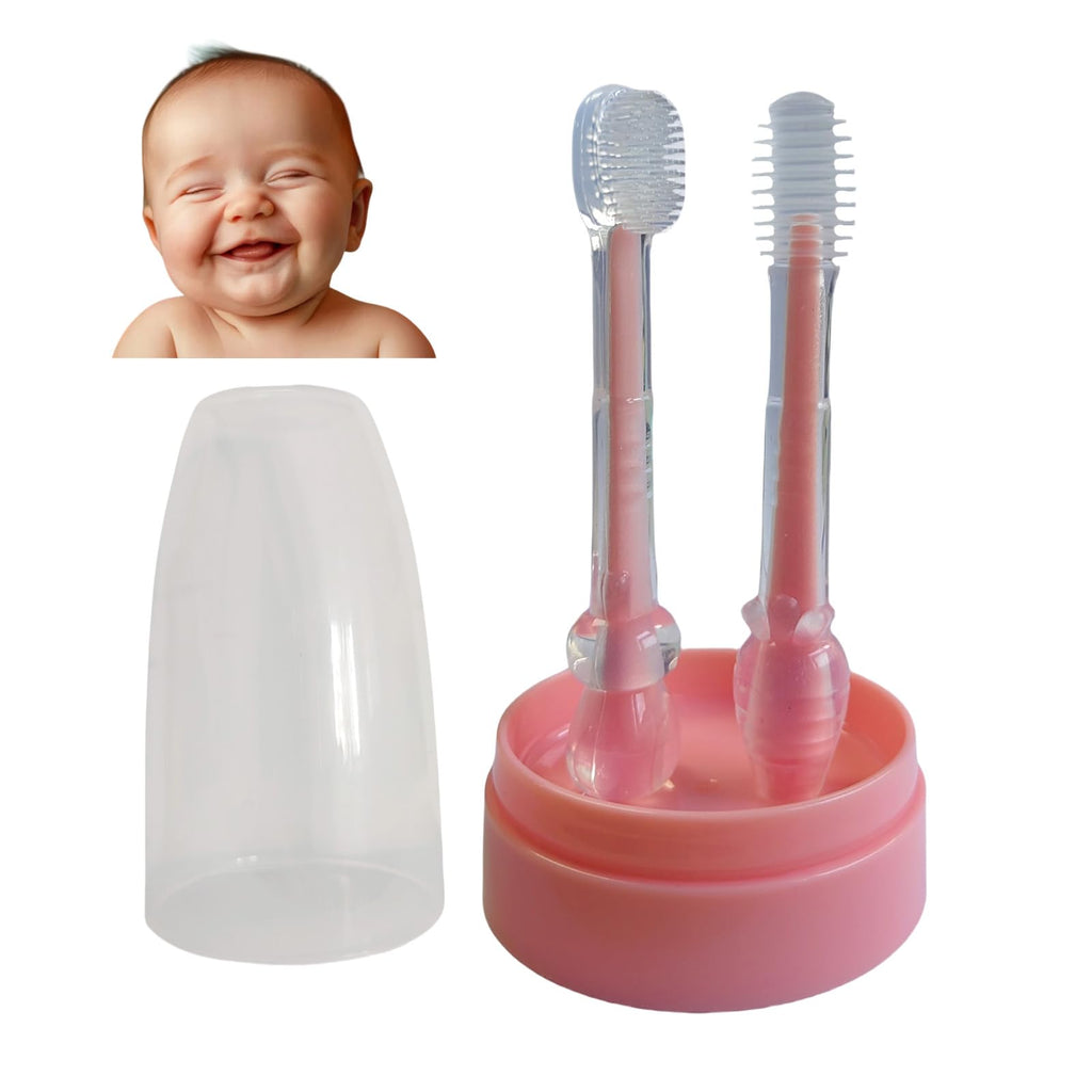 FOREVIVE Baby Tooth Brush, Infant Toothbrush 6 to 12 Months and0-6 Months,Silicone Toothbrush, Newborn Tongue and Mouth Cleaner Set, Good Idea for Baby First Toothbrushes(Pink)