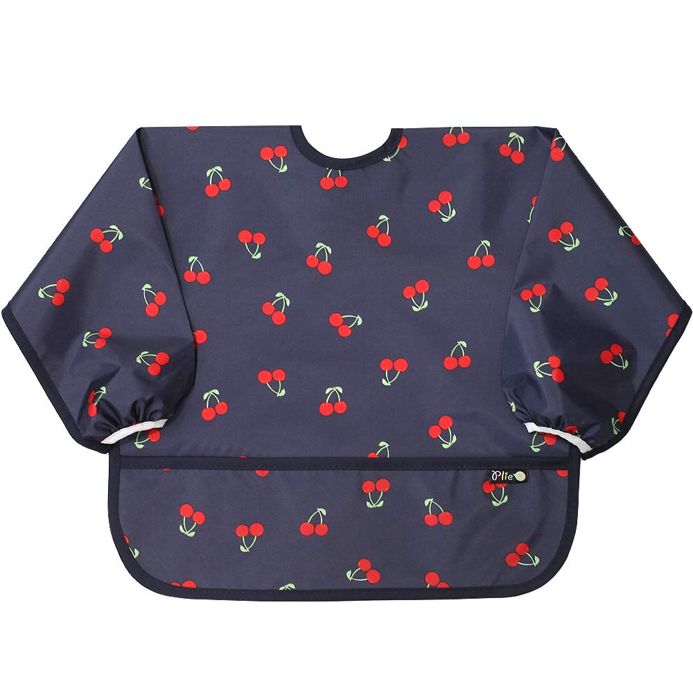 Plie Long Sleeve Waterproof Bib for Toddlers – Soft Feeding Smock for Baby Mealtime, Self-Feeding, Painting & Messy Play, BPA-Free, Easy Clean (6–24 Months) - Navy Cherry
