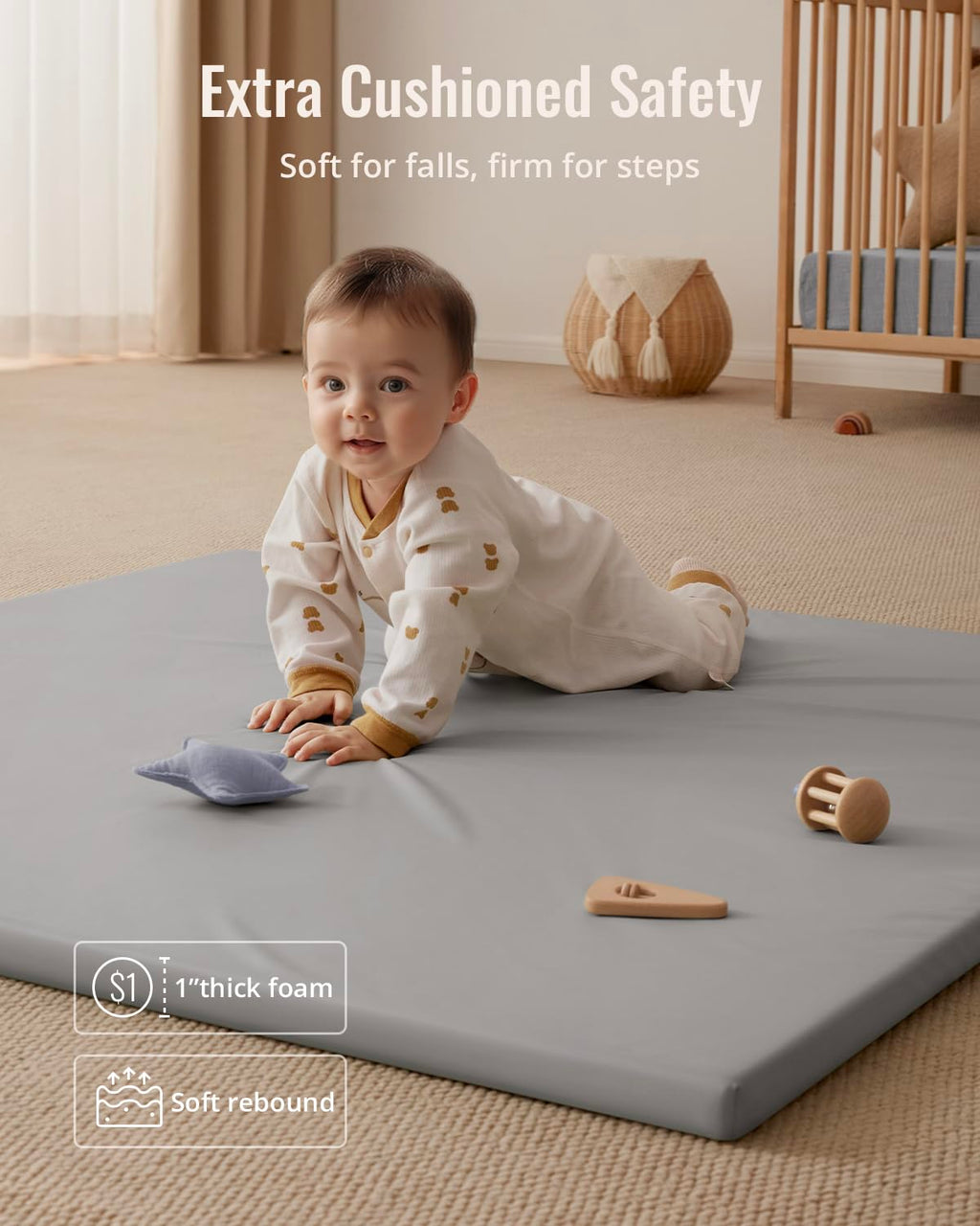 Blissful Diary Vegan Leather Baby Play Mat, 50''x50'', Light Gray