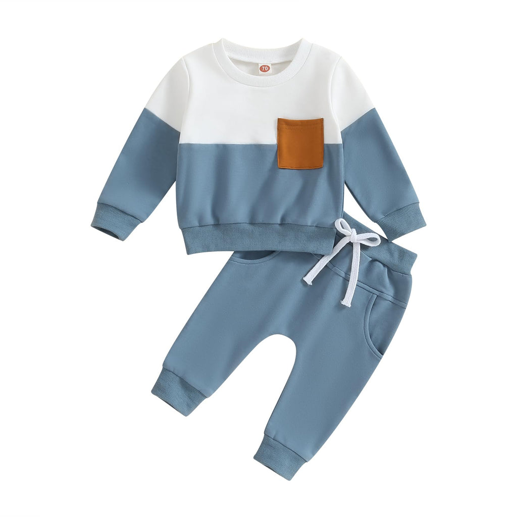Lucikamy Toddler Baby Boy Fall Outfits Long Sleeve Crew Neck Pullover Sweatshirt + Jogger Pants Set Infant Winter Clothes (Blue Patchwork, 18-24 Months)