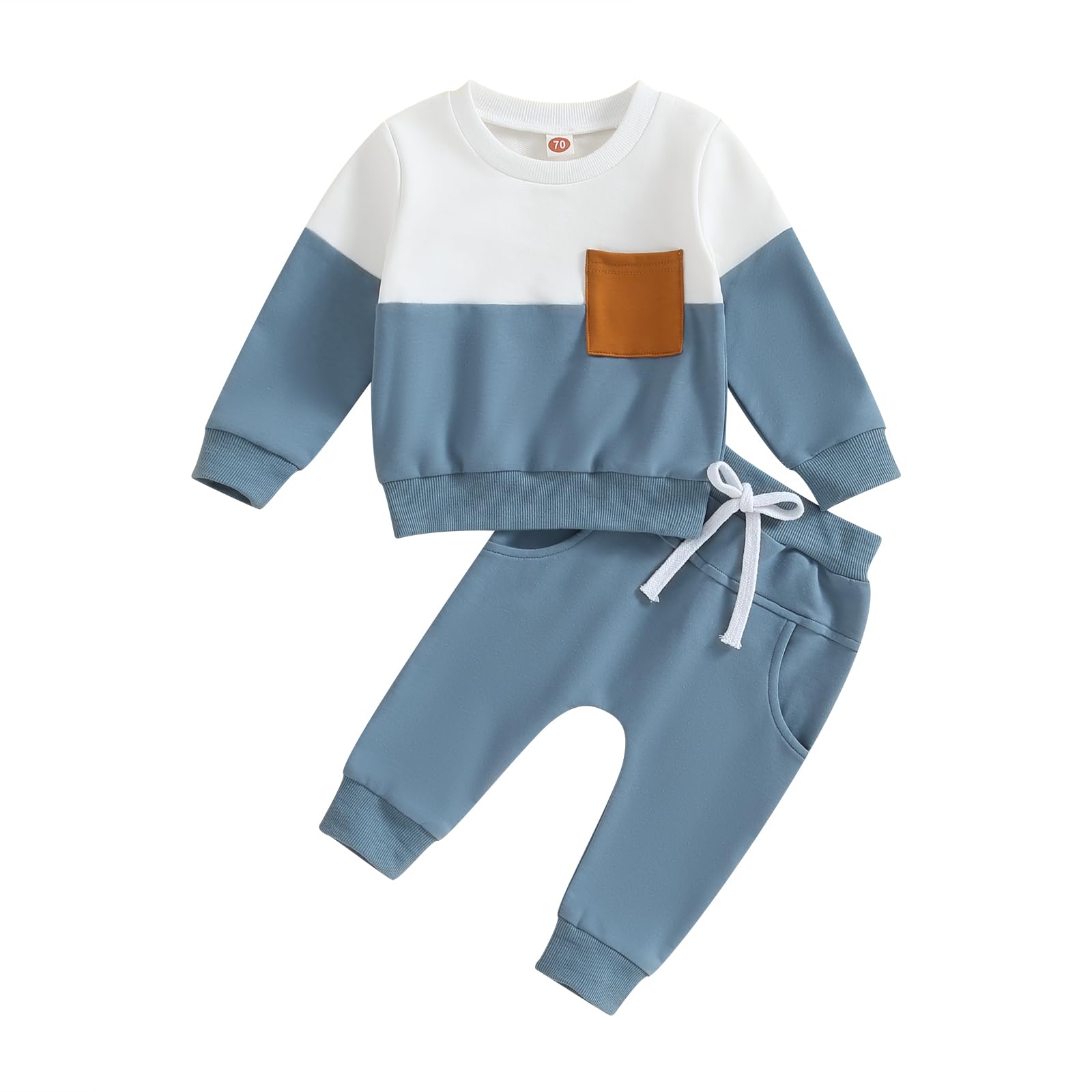 Lucikamy Toddler Baby Boy Fall Outfits Long Sleeve Crew Neck Pullover Sweatshirt + Jogger Pants Set Infant Winter Clothes (Blue Patchwork, 18-24 Months)