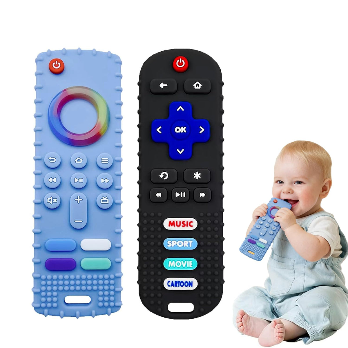 ERSIHUA 2-Pack Baby Teething Toys-TV Remote Control Shape Silicone Infants Teething Toys for Babies 0-18 Months,BPA-Free (N-Black+Black)