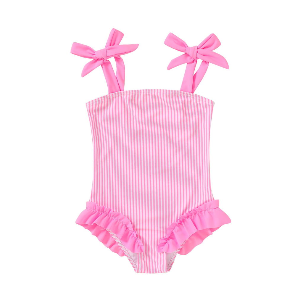 Happy Town Toddler Swimsuit Girl Solid Color Stripe One-Piece Baby Bathing Suits (Rose Red Stripe, 9-12 Months)
