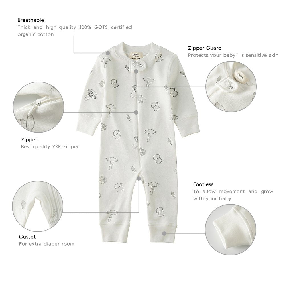 Owlivia Organic Cotton Baby Boy Girl Zip up Sleep N Play, Footless, Long Sleeve(6-12 Months, Ivory White)