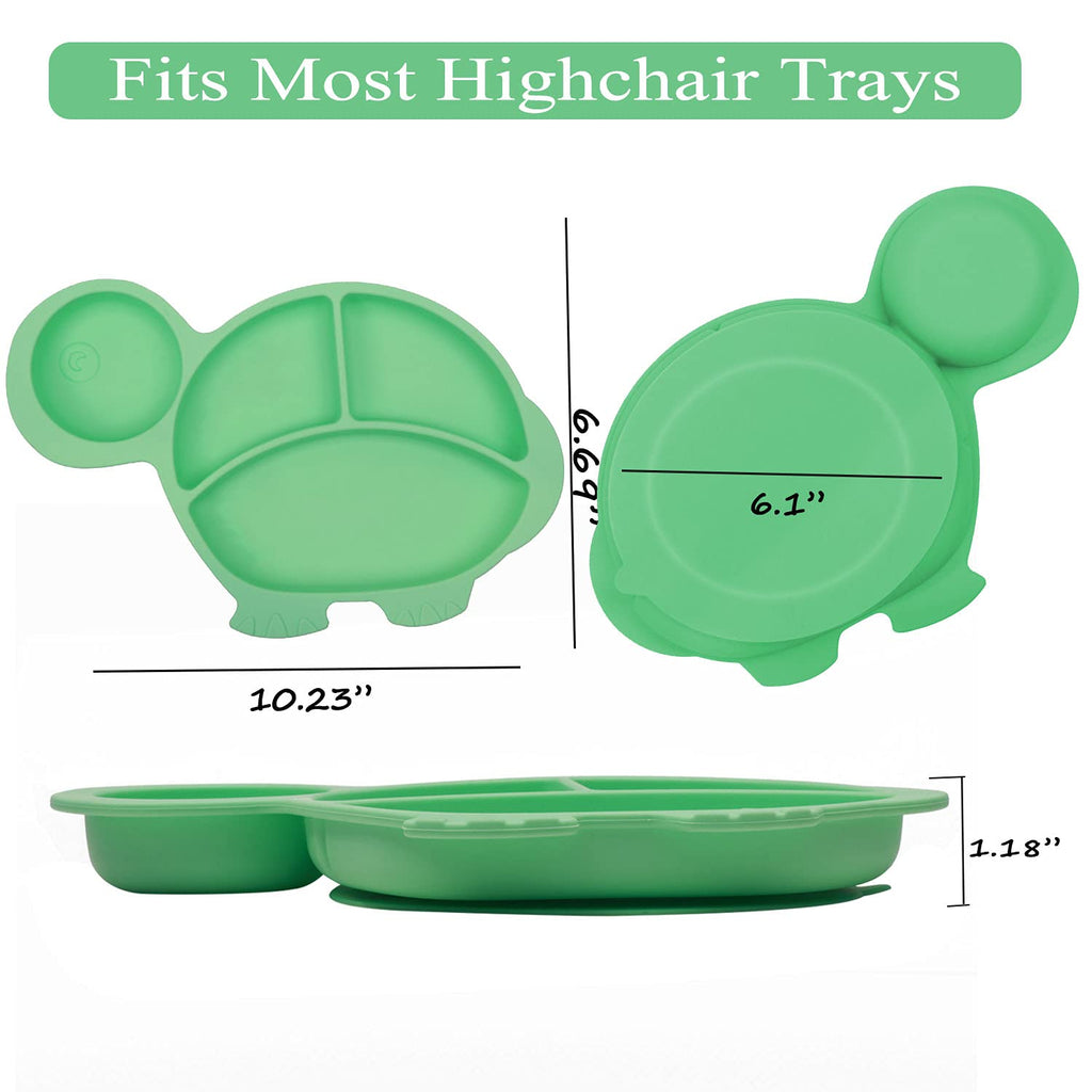 NICINGU Baby Feeding Utensils Sets with Spoon and Forks 6 Pcs/Set Divided Silicone Suction Plates for Toddler Kids,Baby Feeding Dish BPA Free Microwave Dishwasher Safe-Green Pink Tortoise Sets
