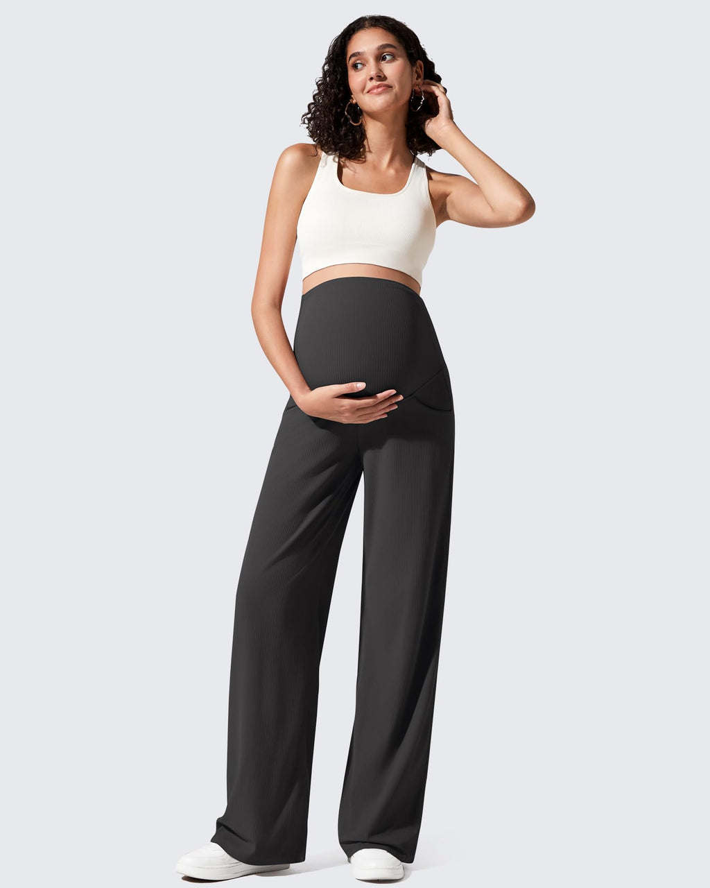 G4Free Maternity Lounge Pants with Pockets Over The Belly Stretchy Lounge Pregnancy Wide Leg Trousers(Black,M,Regular)
