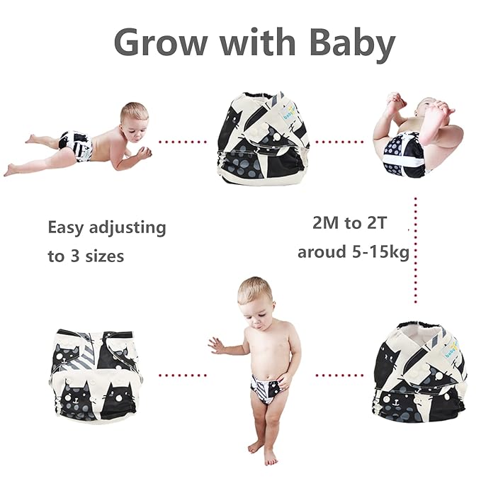 Babygoal Reusable Neutral Cloth Diapers 6 Pack with 10pcs Inserts, One Size Adjustable Washable Pocket Nappy Covers for Baby Boys and Girls 6FB02