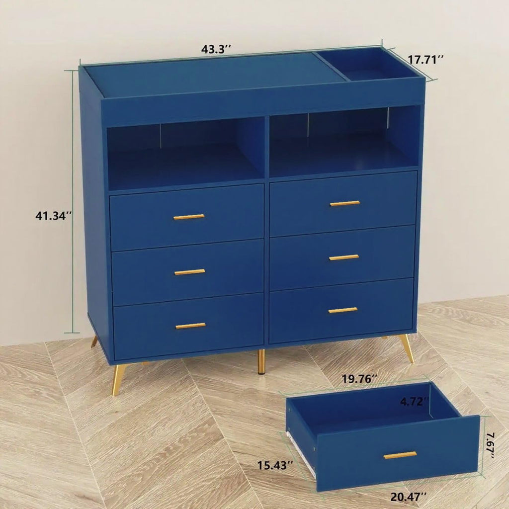 Babevy Changing Table Dresser with Drawers, Baby Dresser with Changing Table Top, Power Outlet, LED Light & Metal Feet, Diaper Changing Station Nursery Organizer for Infants Newborn (Blue)