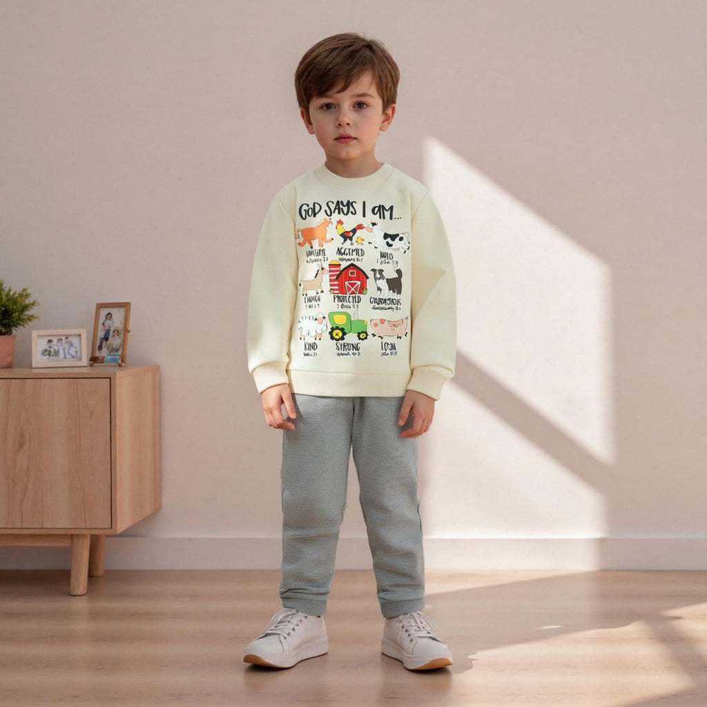 Nyapruwe Toddler Baby Boys Fall Winter Outfits Funny Print Top Pants Set (Beige G-animals, 2-3T)