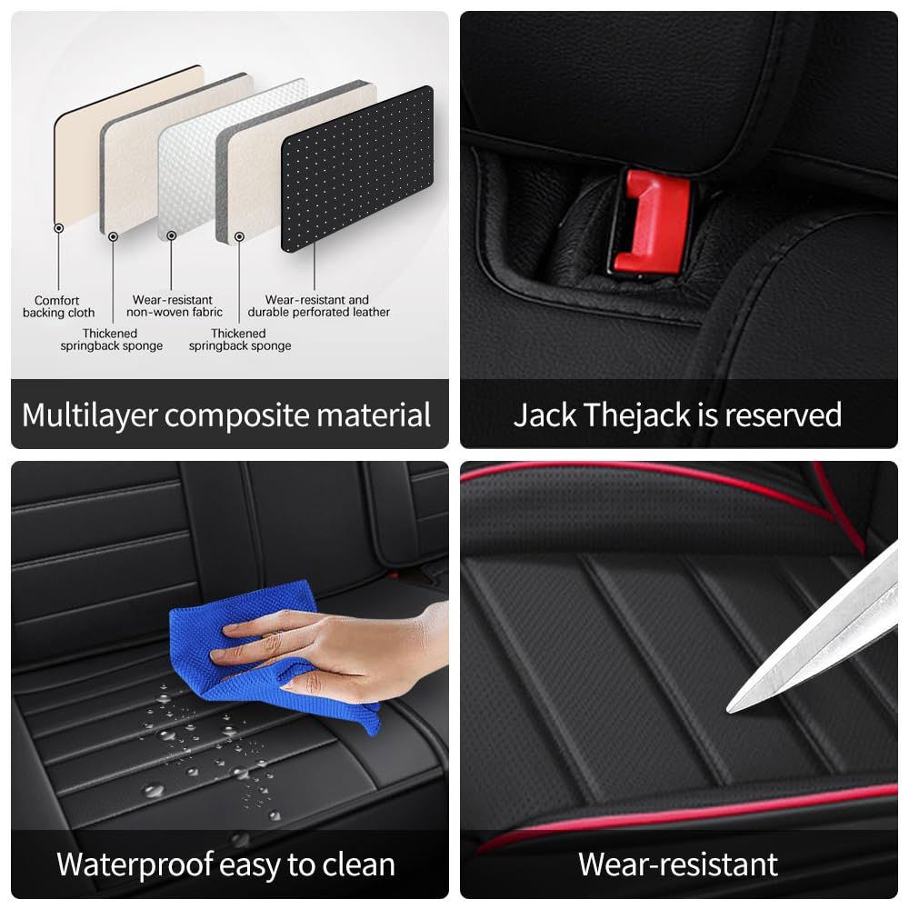 LEYPOCO Leather Seat Cover for Ford Edge 2010-2026,Waterproof Soft Seat Covers,Interior Accessories Seat Covers Cushion Vehicle Protector Airbag Compatible(Black&Red,Full Set with Pillow)