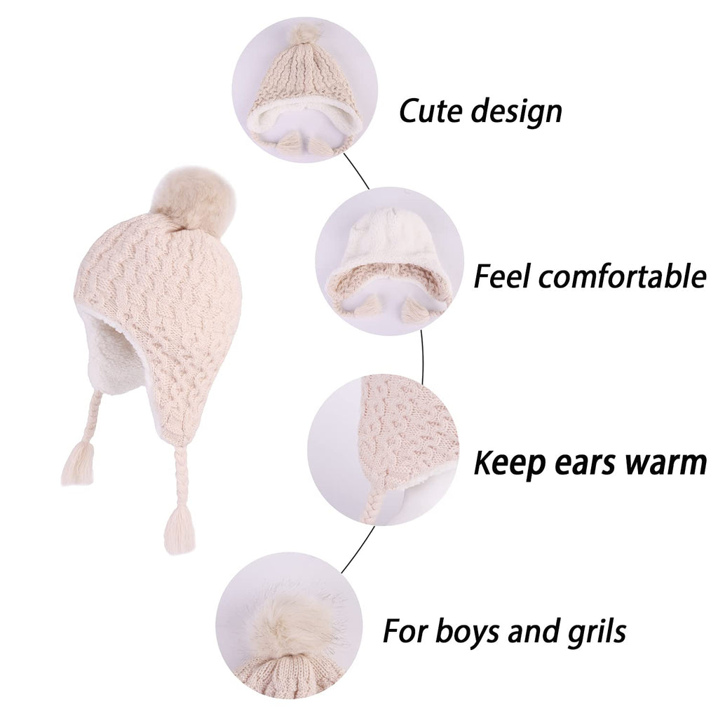 LANGZHEN Toddler Kids Winter Hat,Earflap Knit Warm Cap Fleece Lined Beanie for Baby Girls(White+Beige,12-24 Months)