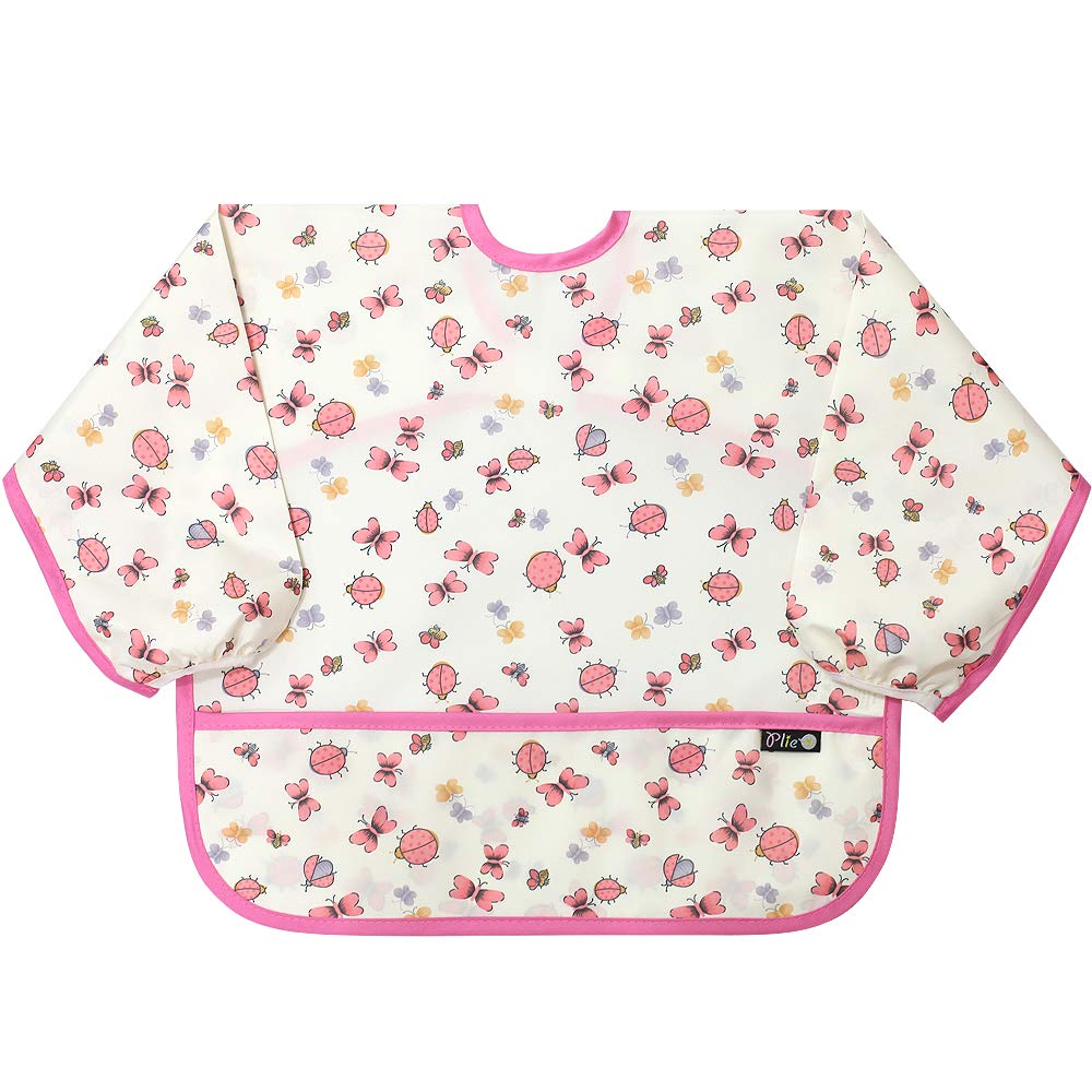 Plie Long Sleeve Waterproof Bib for Toddlers – Soft Feeding Smock for Baby Mealtime, Self-Feeding, Painting & Messy Play, BPA-Free, Easy Clean (6–24 Months) - Pink/Butterfly