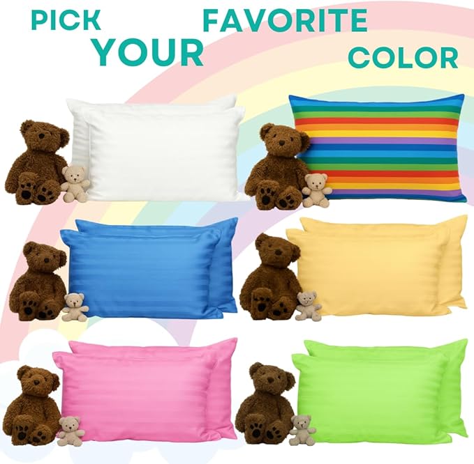 kinder Fluff Toddler Pillow (2Pack) 10x15in - First Pillow for Kids Age 2+, 100% Cotton Sateen Stripes Shell 300T, Down Alternative Fill, Machine Washable - Children & Travel Cushion - Green - XS