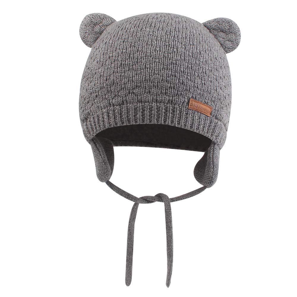 BAVST Baby Toddler Winter Beanie Warm Boys Girls Earflap Hat Infant Knit Caps Cute Bear Soft Cotton Lining for 0-36M(Grey-Light,M)