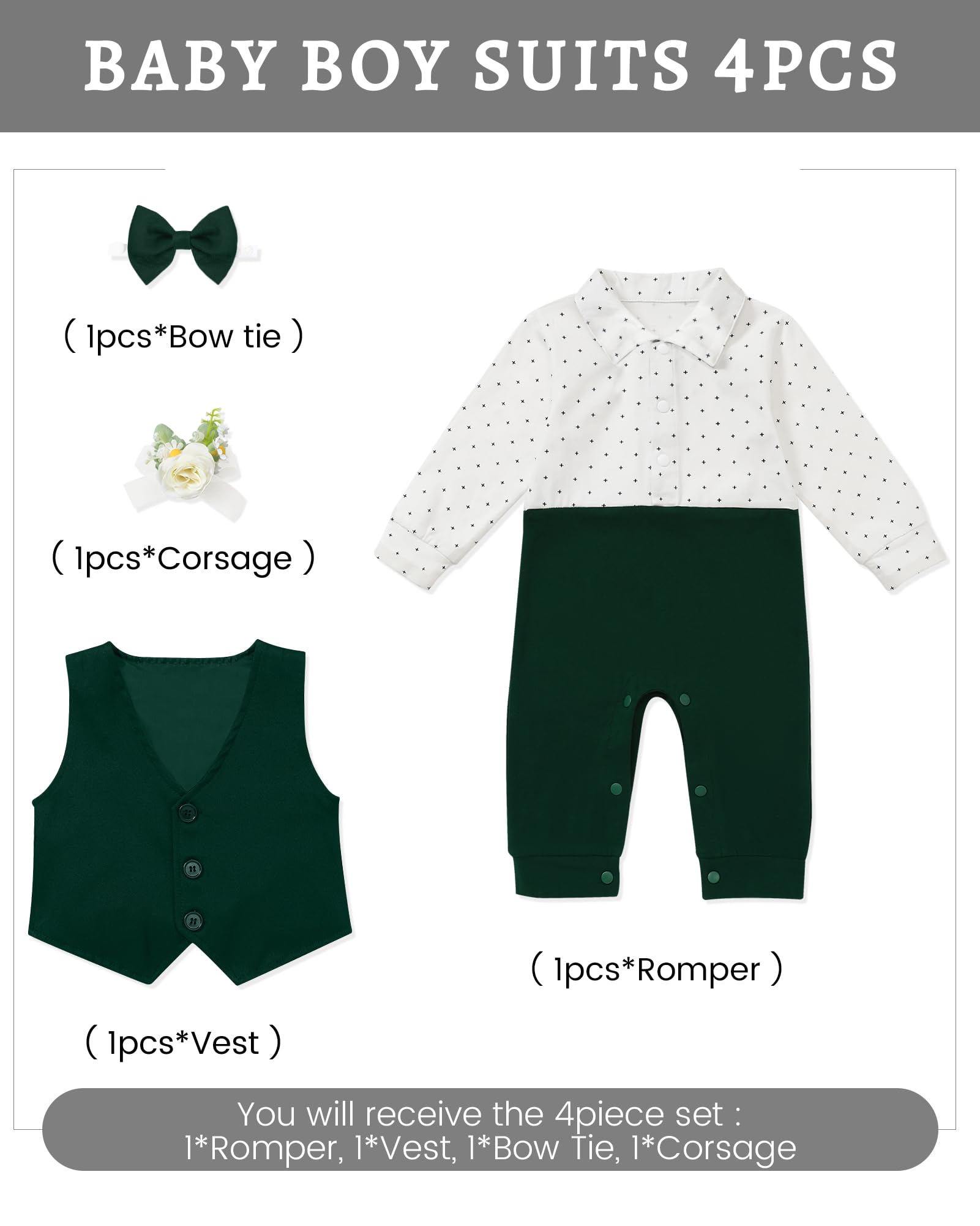 mikiumkee Baby Boy Suit Gentleman Clothes Wedding Outfits Formal Jumpsuit Long Sleeve Romper+Vest Green 18-24 Months