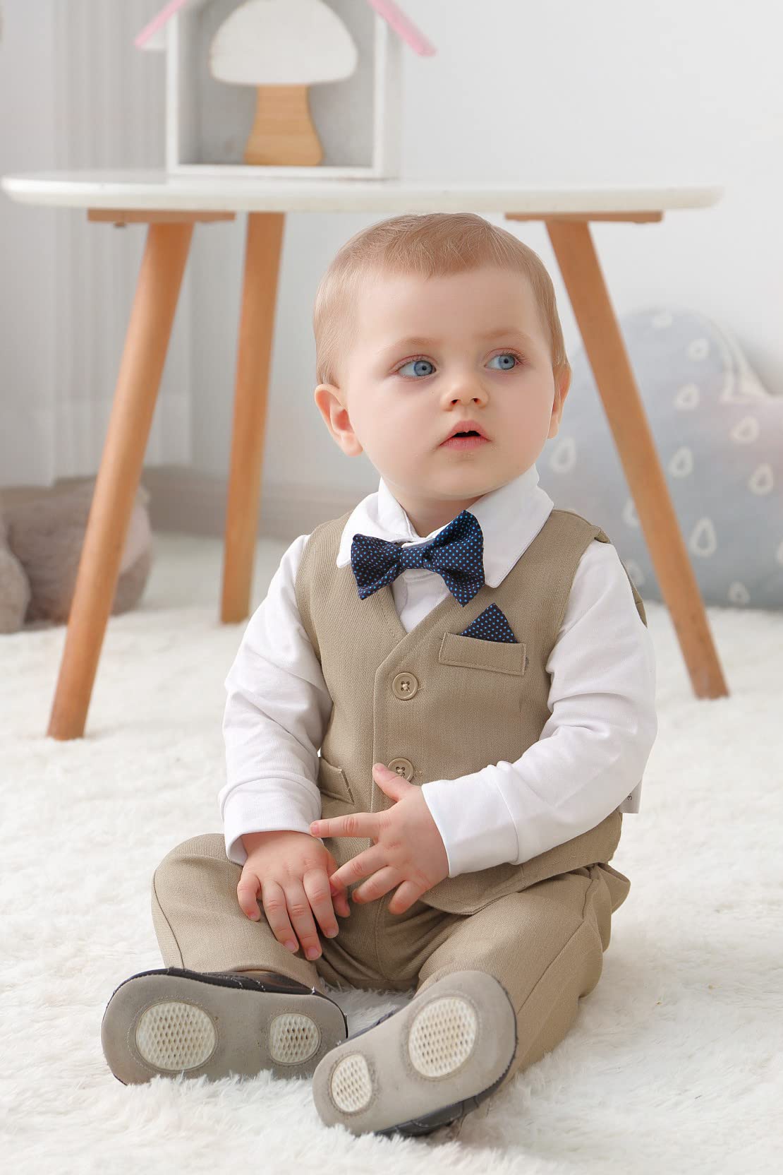 DISAUR Baby Boy Wedding Outfit Long Sleeve Infant White Shirt Khaki Vest Pants Bow Tie Baby Blessing Outfits For Boys 1t 12 18 Months