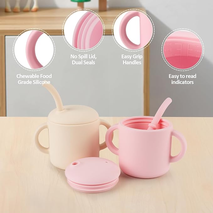 Silicone Baby Cup with Straw, Straw Cup for 6 months+ old, Leak Proof Silicone Baby Training Cup 6 fl oz (Blush)