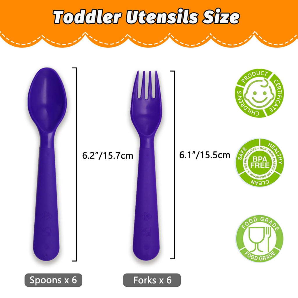 Muulaii 12 Pcs Kids Forks and Spoons, Plastic Kids Utensils Set, Purple