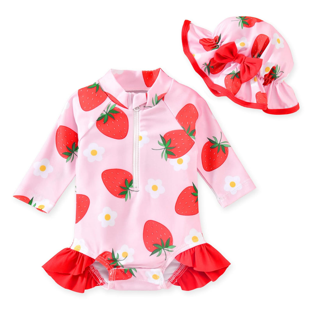 Aalizzwell Newborn Infant Baby Girls One Piece Long Sleeve Swimsuit Strawberry Bathing Suit Zip Up Swimwear Beach Wear 0-3 Months Fruit