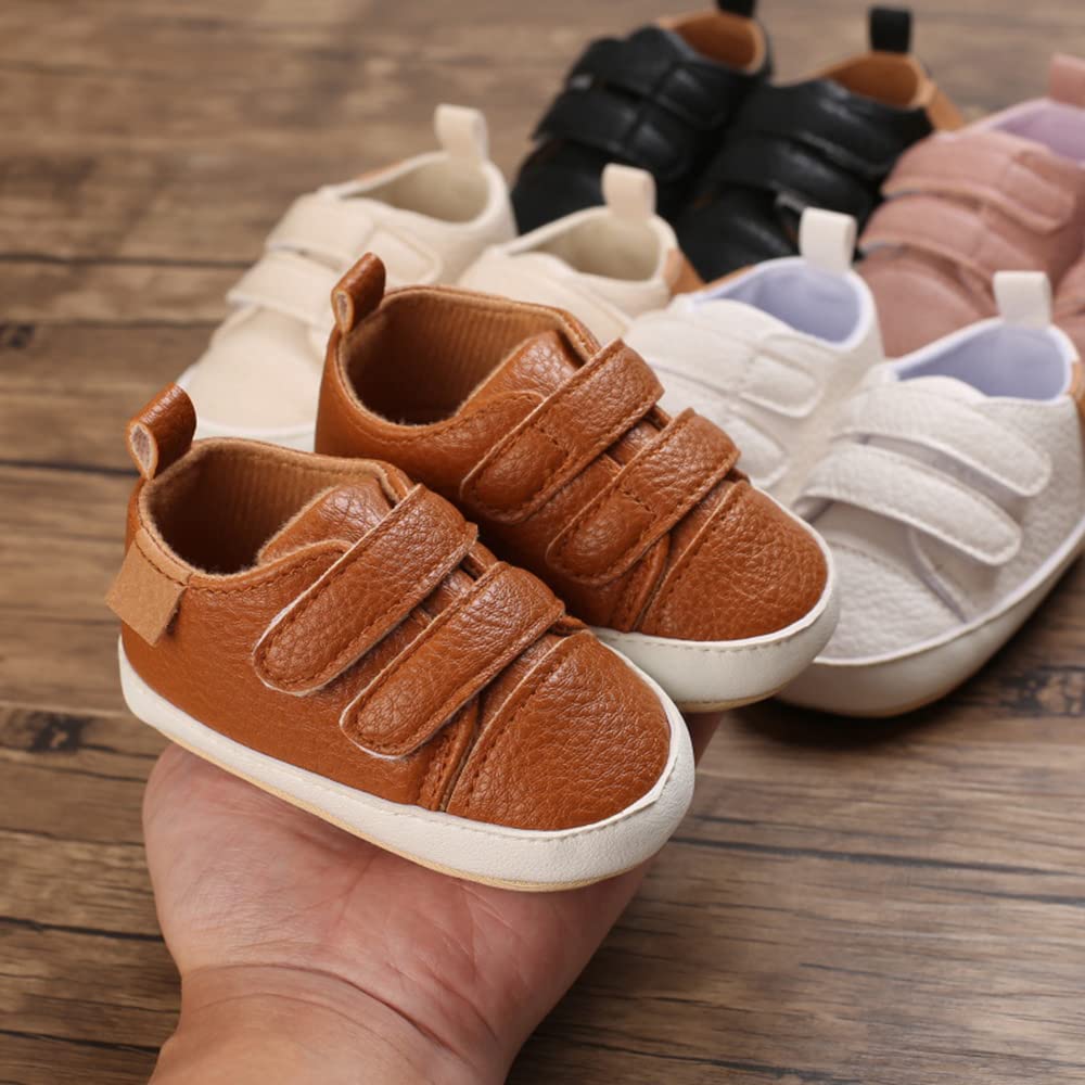 Clowora Baby Boys Girls Shoes Non-Slip Rubber Sole Sneakers Infant First Walking Toddler Crib Shoes Newborn Loafers Flats. (06/Brown,12-18 Months)