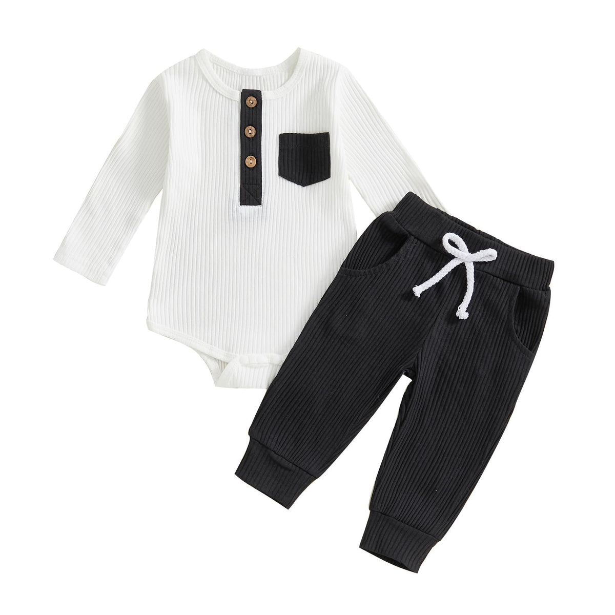 fhutpw Baby Boy Clothes 3 6 12 18 Months Ribbed Knitted Long Sleeve Romper and Pants Sets Newborn Fall Splicing Color Outfits (White&Brown, 3-6 Months)