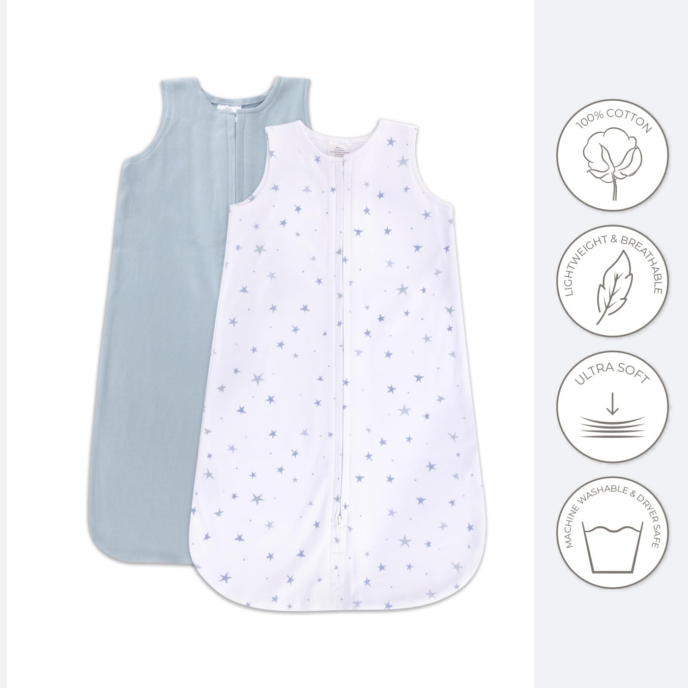 Ely's & Co. 100% Cotton Wearable Blanket Baby Sleep Bag Solid Dusty Blue and Dusty Blue Stars 2 Pack (Baby Boy, Girl 0-3 Months)