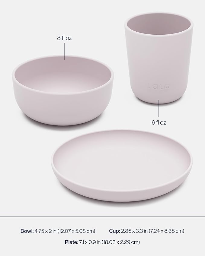 Lalo Big Bites Kids Dinnerware Starter Set - Dishwasher Safe, BPA Free, Kids Tableware Set - Includes Stackable Bowl, Plate, Utensils & Cup - 5 Pieces - Lavender