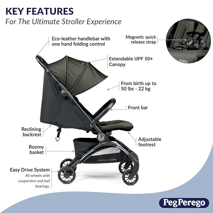 Peg Perego Volo, Ultra Lightweight Carry On Compliant Travel Stroller, Adjustable Features & Reclining Seat - Designed for Everyday Comfort from Newborn to 50lbs, Malva (Dusty Rose)