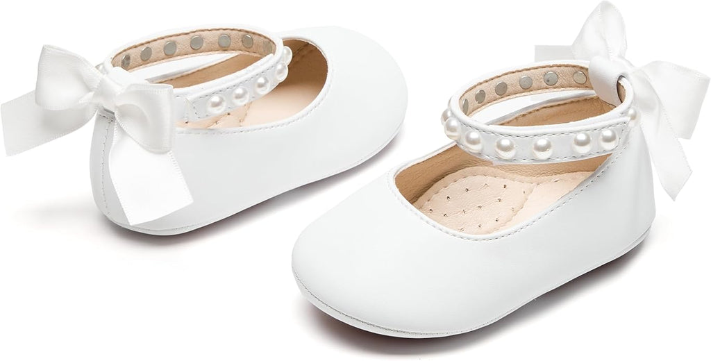 Baby Girls Mary Jane Flats - Infant Newborn Walking Shoes Soft Rubber Sole Princess Wedding