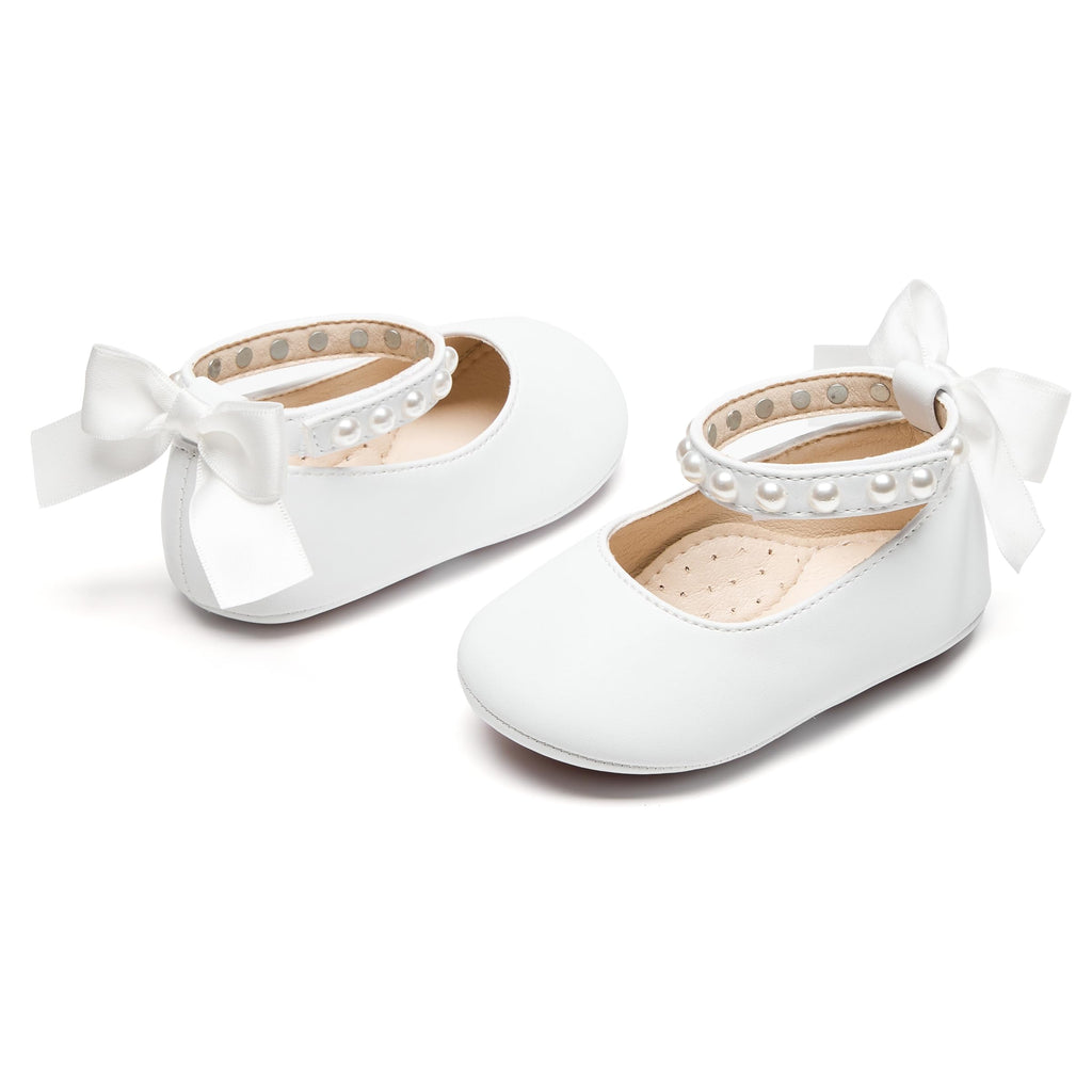 PHIRAMIN Baby Girls White Mary Jane Flats - Infant 6-9 Months Walking Shoes Soft Rubber Sole Princess Wedding