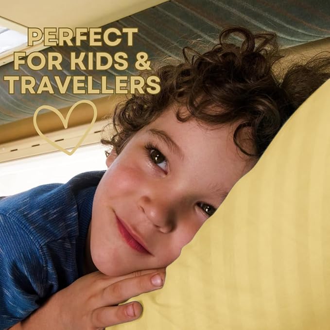kinder Fluff Children Pillow (2Pack) 14x20in - Junior Pillows for Kids Age 4+, 100% Cotton Sateen Stripes Shell 300T, Down Alternative Fill, Machine Washable - Children & Travel Cushion - Yellow - M