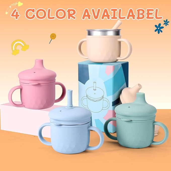 BUSOHA Stainless Steel Sippy Cups - 3 IN 1 Silicone Sippy Cup for Toddlers Baby Straw Cup with Brush Kids Cups with Lid and Silicon Straw Anti-Drop Spill Proof Cups for Travel,8 oz, Beige