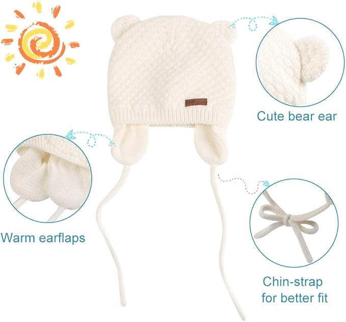 BAVST Baby Beanie Hat for Winter with Earfalp Cute Bear Kids Toddler Girls Boys Warm Knit Cap 0-2Years