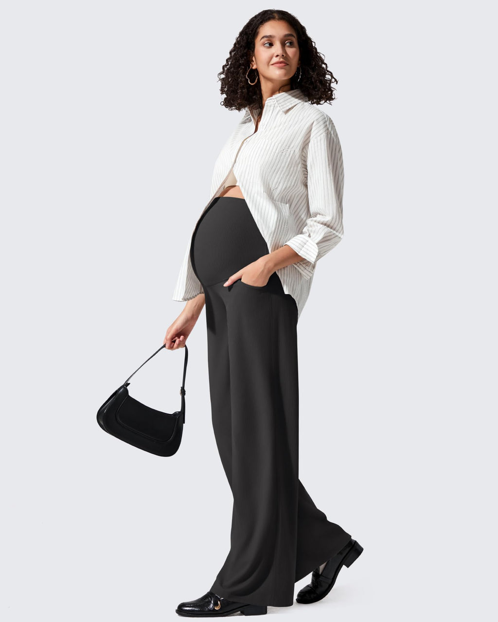 G4Free Maternity Lounge Pants with Pockets Over The Belly Stretchy Lounge Pregnancy Wide Leg Trousers(Black,M,Regular)