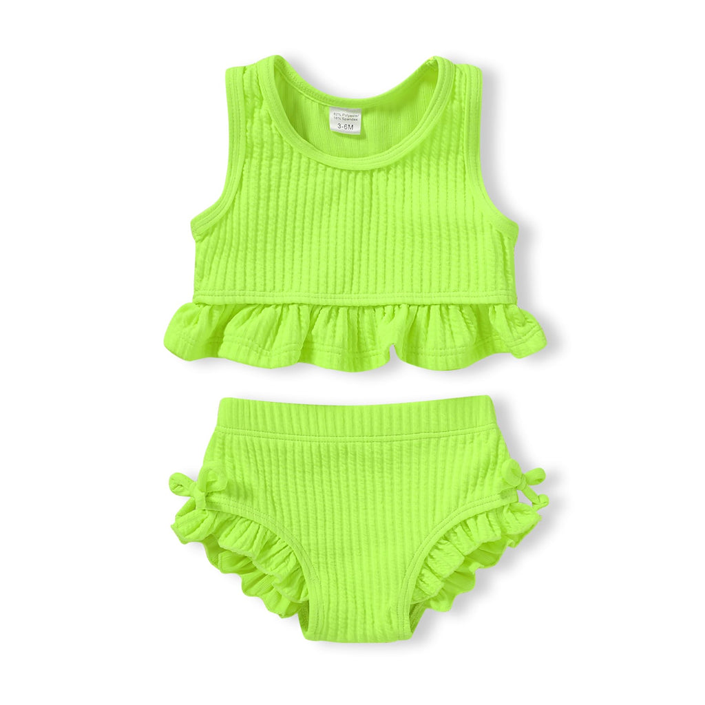 HAPPYMA Baby Swimsuit Toddler Girl Bathing Suit Summer Solid Color Bikini Set Beach Two Piece Swim Wear (Bright Yellow, 3-6 Months)