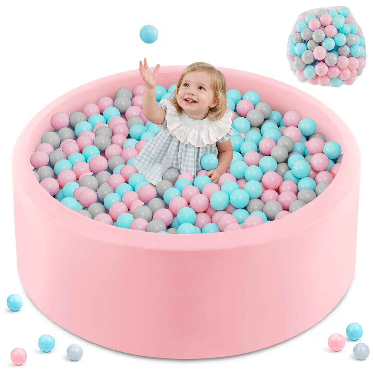 INFANS Foam Ball Pit for Toddlers with 200 Balls, 36"x 12" Large Round Ball Pool Playpen with Soft Memory Sponge Pad, BPA Free, Ideal Gift for Kids Babies Indoor Outdoor (Pink)