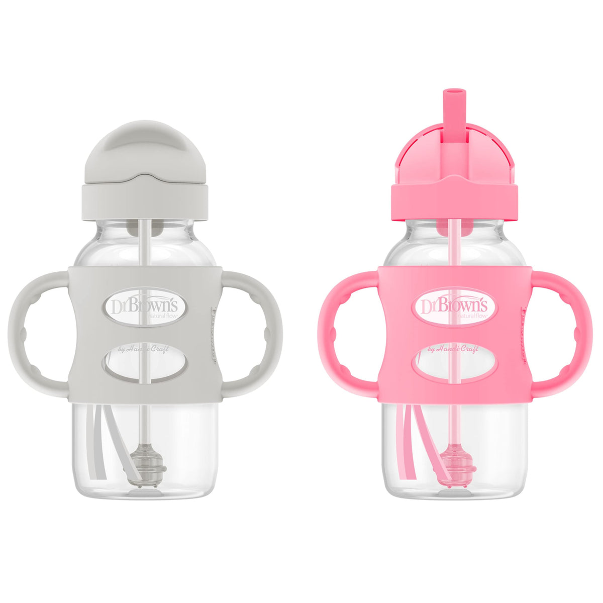 Dr. Brown's Wide-Neck Sippy Straw Bottle with Handles, Gray & Blue, 2-Pack