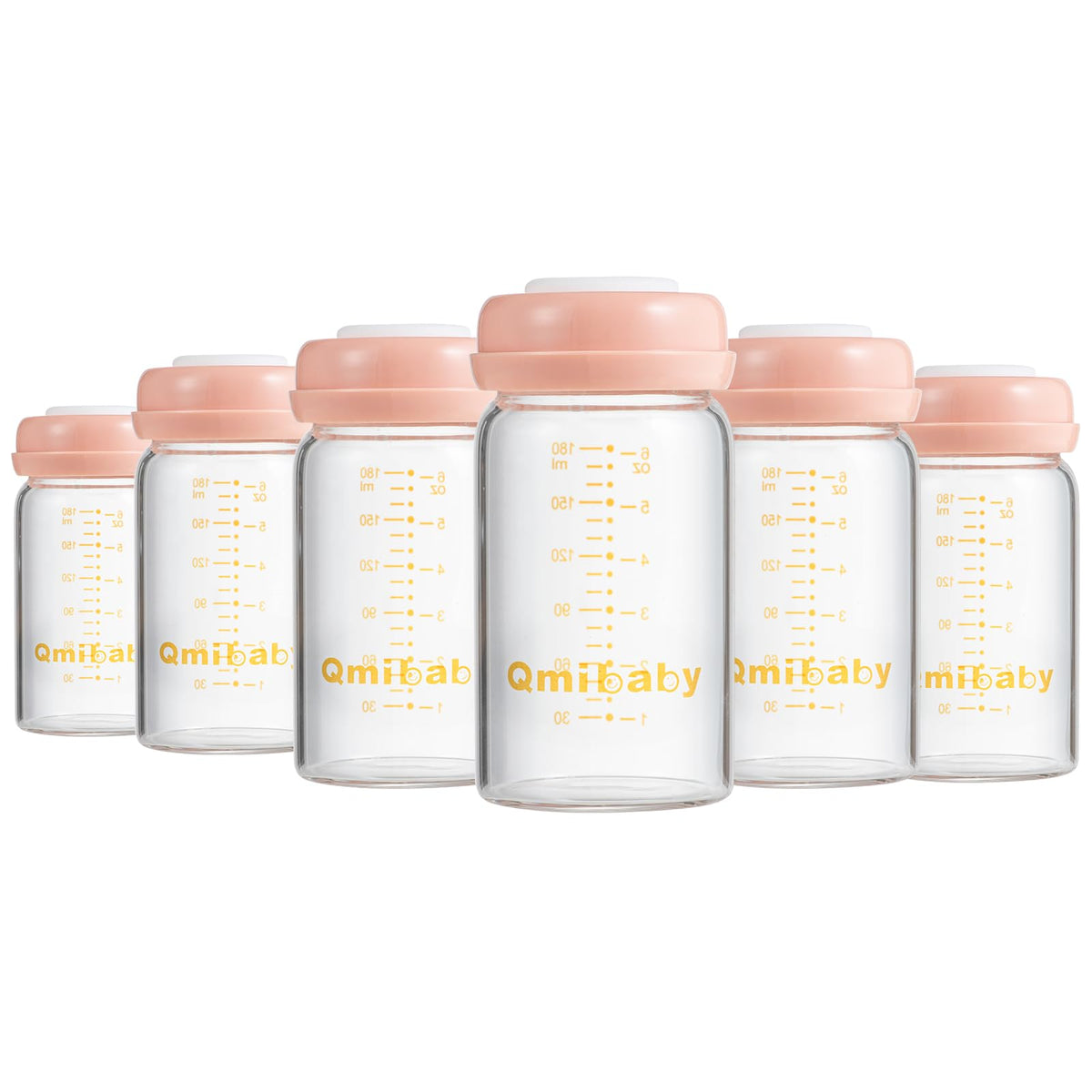 Qmibaby Baby Bottles, Wide Neck Bpa Free Breast Milk Container 6oz Screw Ring Sealing Disk Re-Markable Sealing Disc Fits Breast Pumps & Nipples Collection Bottles for Fridge (2 Gray Lids)